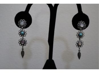 925 Sterling Silver With Turquoise And Mother Of Pearl Pink And White Stones Earrings Signed 'QT'