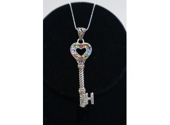 925 Sterling Silver With 18K Embelishments Multi-colored Stones Key Charm Signed 'BJC' On 925 Chain