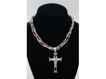 925 Sterling Silver With Multi-colored Stones Necklace And Cross Pendant Toggle Clasp Mexico