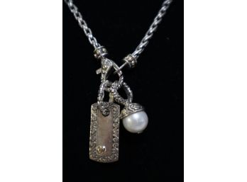 925 Sterling Silver With 18K Embelishments Necklace With 2 Charms 1 With Pearl Signed 'ID' And 'DS'