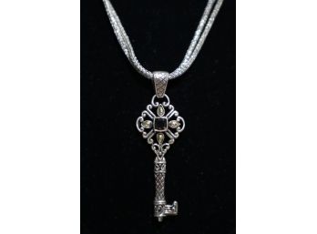 925 Sterling Silver With 18K Gold Embellishments And Brown Center Stone Key Pendant Signed 'BJC' On 925 Chain