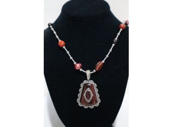 925 Sterling Silver With Brown, Burgandy And Red Tone Stones And Pearls Necklace Removeable Pendant Relios Inc