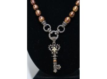 925 Sterling Silver With 18K Embelishments, Brown Pearls And Key Charm Necklace