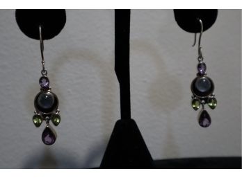 925 Sterling Silver With Purple, Green And Opalescent Stones Earrings Signed 'SLG' India
