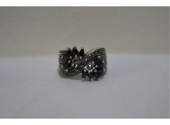 925 Sterling Silver With Marcasites And Black Stones Ring Signed 'CFJ' Thailand Size 8