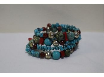 925 Sterling Silver With Turquoise And Coral Coil Bracelet