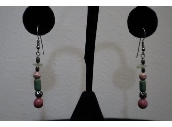 925 Sterling Silver With Pink And Green Stones Earrings