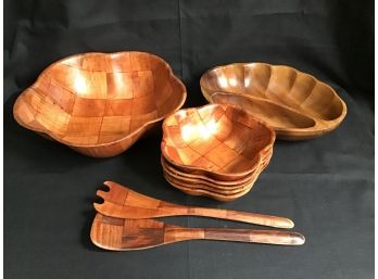 Mid Century Woven Wood Salad Bowl Set And Divided Monkeypod Wooden Bowl