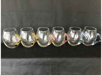 Vintage Clear Glass Mugs With Colored Handles - Set/ 6