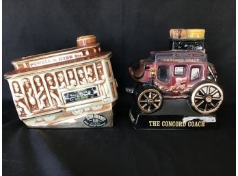 2 Ceramic Train Whiskey Decanters - The Concord Coach 1976 And Ezra Brooks Powell & Hyde Trolley 1968
