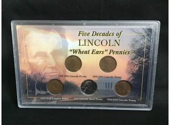 US Mint 5 Decades Lincoln Wheat Ears Pennies Sealed In Hard Plastic, Uncirculated