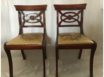 Pair Of Vintage Mahogany Side Chairs With Needlepoint Upholstery