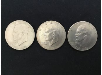 Set Of 3, 1776-1976 Bicentennial Silver Dollar Eisenhower Liberty Bell Moon