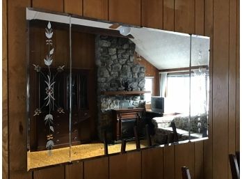 1950s Large Rectangular 3 Paneled Beveled Edge Etched Mirror