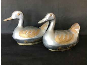 Pair Of Vintage Pewter And Brass Duck Trinket Boxes