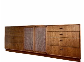 MCM Cane & Walnut (?) Dresser With 8 Drawers & Center Storage With Shelf. (Mirror Sold Separately)