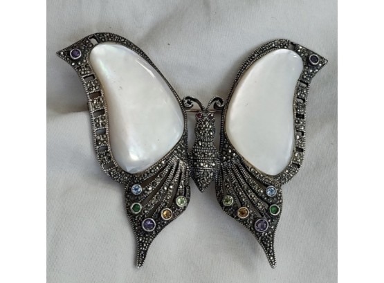 Large 3' Tall Sterling (marked 925) Butterfly Pin Brooch With Shell, Marcasite, & Pastel Stones Set In Wings