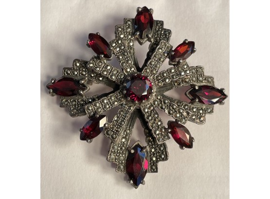 Vintage Sterling (Marked 925) Marcasite And Red Stone (Garnet?) Pin / Brooch / Pendant