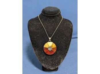 3 Tone Amber And Silver Wheel Pendant On Sterling Chain