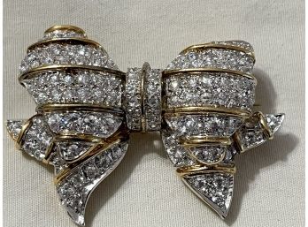 Sterling (Marked 925) Bow Pin Or Brooch With Rhinestones Set In Rows