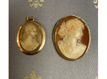 2pc 14k Gold Cameos . One Jesus And One A  Victorian  Woman