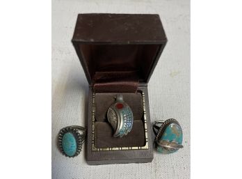 Three Sterling And Turquoise Rings . A Bird  Design And Two Others