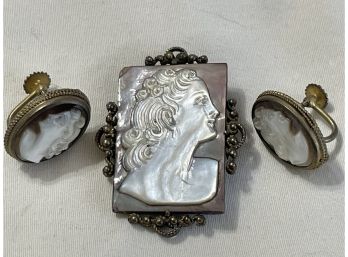 Cameo Set With Pin / Brooch And Screw Back Earrings Possibly Marked 800