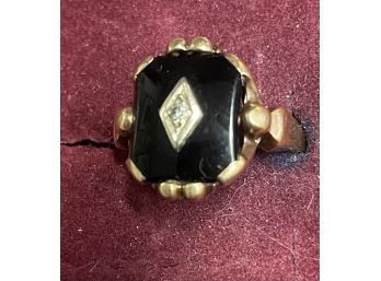 10k Gold Womans Size 4 Onyx And Diamond Ring