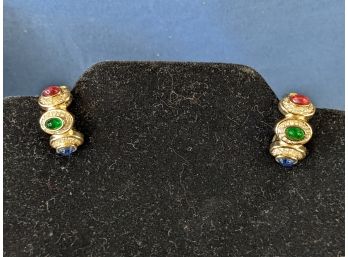 Signed Christian Dior Clip Earrings Red, Green, & Blue Glass Cabochons With Crystal Accents