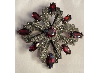 Vintage Sterling (Marked 925) Marcasite And Red Stone (Garnet?) Pin / Brooch / Pendant