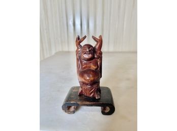 Vintage Asian Hand Carved Wood Old Man Buddha Statue On Stand