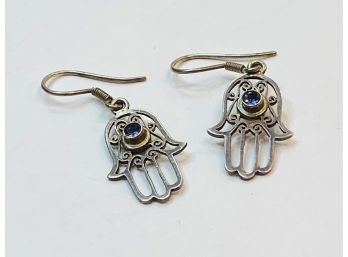 Blue Stone Sterling Silver HAMSA Hand  Hanging Earrings