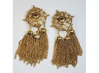 Vintage Gold Tone Large Hanging Ornate Clip Back Earrings