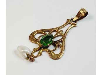 Vintage 10k Gold Green Stone  And Baroque Pearl Pendant