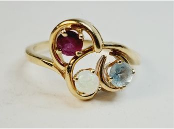 Vintage 14k Yellow Gold Three Stone (opal, Blue, Red) Ring Like New