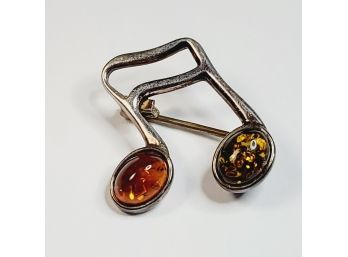 Two Color Amber Sterling Silver Music Note Pin