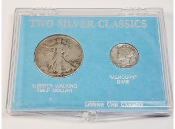 1942 Silver Classics Set Walking Liberty Half Dollar & Mercury Dime  SILVER In Plastic Case And Info