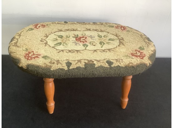 Early Maple Stool With Hand Made Flower Hooked Rug Cover