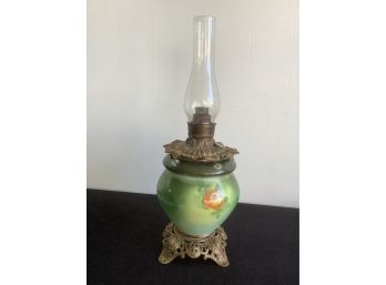 Green Floral And Brass Oil Lamp With Glass Shade