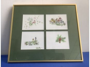 Signed Floral 4 Blocked Print With Green And Gold Frame