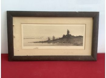 Lithograph In A Great Oak Frame Of A House By The Water