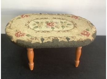 Early Maple Stool With Hand Made Flower Hooked Rug Cover