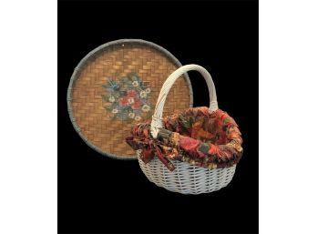 Floral Lined Basket And Hand-painted Wicker Tray