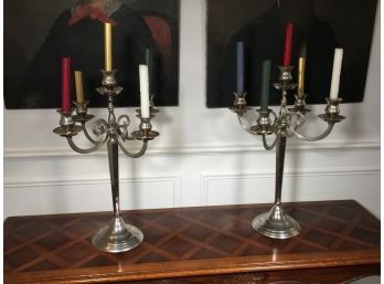 Beautiful Large Pair Of Vintage Silver Plated Candelabras - Great Decorator Item - With Multi Color Candles