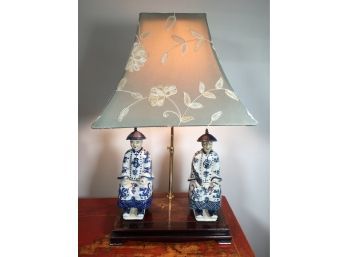 Wonderful Decorator Lamp With Two Asian Porcelain Figures On Wooden Base And Lovely Asian Style Silk Shade