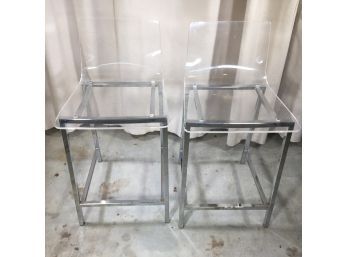 Fantastic Pair Of Vintage Style Lucite Kitchen / Bar Stools With Square Tubular Chrome Frame - Great Pair !