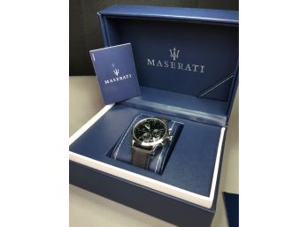 Incredible Brand New MASERATI Mens Chronograph Watch - Silver Case With Black Leather Strap - New In Box !