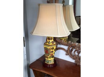 Gorgeous Asian Vase Mounted As Lamp - Paid $850 - Yellow Ochre Background With Decoration & Paneled Shade