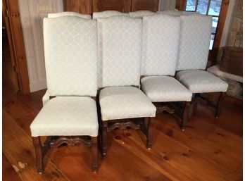 Lot Of Eight (8) French Style High Back Dining Chairs - Carved Walnut Legs & Stretchers - Lovely Upholstery