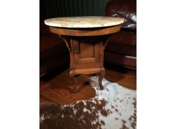 Stunning Antique English Oak Stand With Cabinet And Round Marble Top - Fantastic Patina - Super Unusual Form !